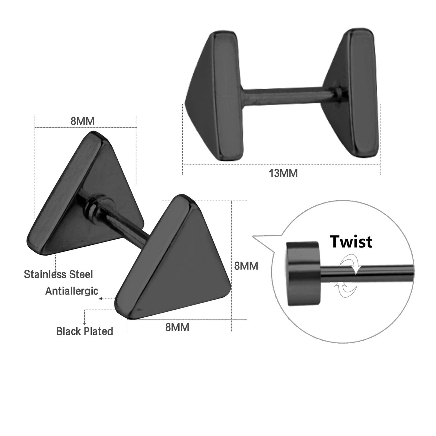 12 pairs 8mm steel color/gold/black triangle screw plugs asonjewelry