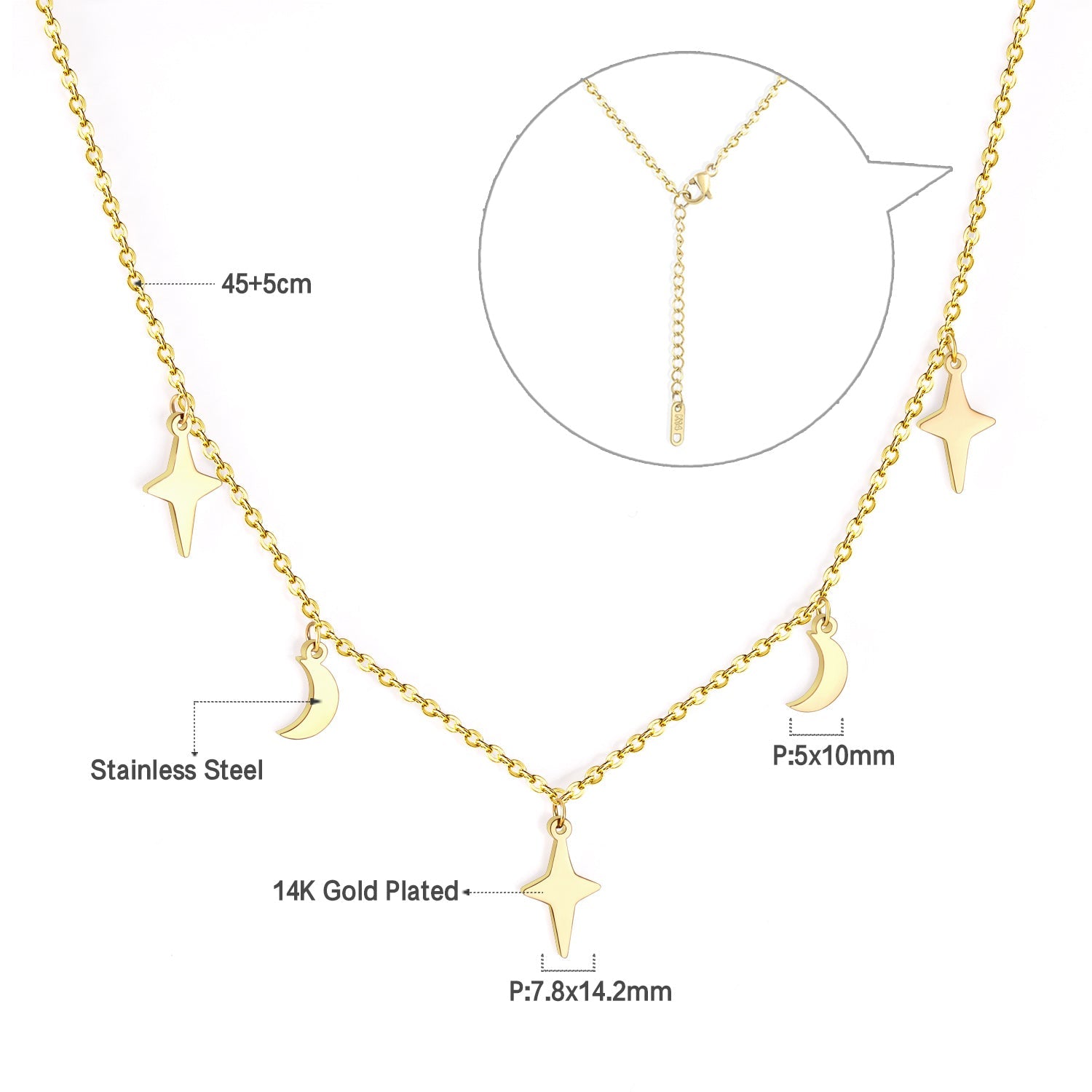 ASON Moon and Star Pendant Necklaces Gold Color Stainless Steel Chain for Women Girls Fashion Jewelry Accessories Gift asonjewelry