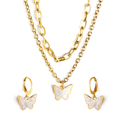 Butterfly White Shell + Matching Chain Double Chain Jewelry Set Gold asonjewelry