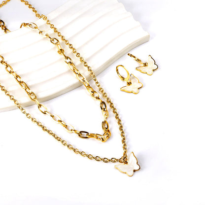 Butterfly White Shell + Matching Chain Double Chain Jewelry Set Gold asonjewelry