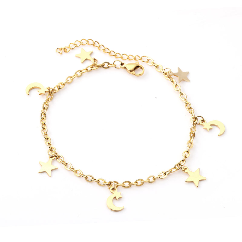 Steel color gold color multiple pentagrams and moon accessory anklet without diamonds