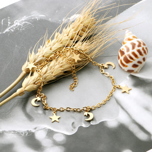 Steel color gold color multiple pentagrams and moon accessory anklet without diamonds