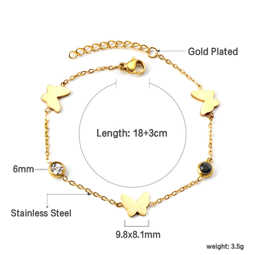 3 Butterfly + 2 Mixed Color Diamonds Soft Bracelet 18+3cm Golden asonjewelry