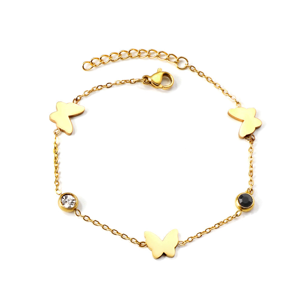 3 Butterfly + 2 Mixed Color Diamonds Soft Bracelet 18+3cm Golden asonjewelry