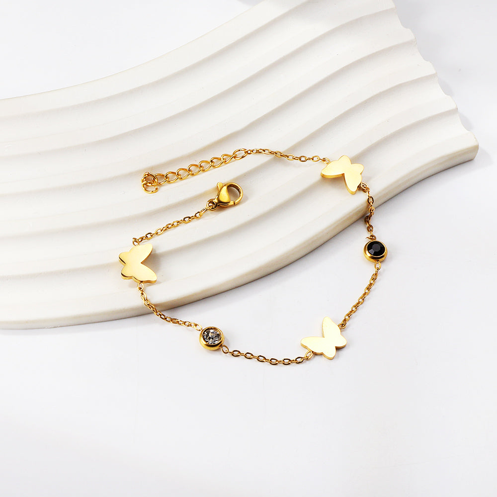 3 Butterfly + 2 Mixed Color Diamonds Soft Bracelet 18+3cm Golden asonjewelry