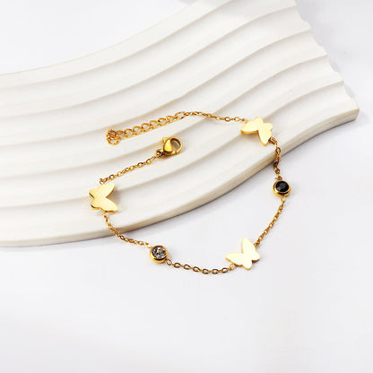 3 Butterfly + 2 Mixed Color Diamonds Soft Bracelet 18+3cm Golden asonjewelry