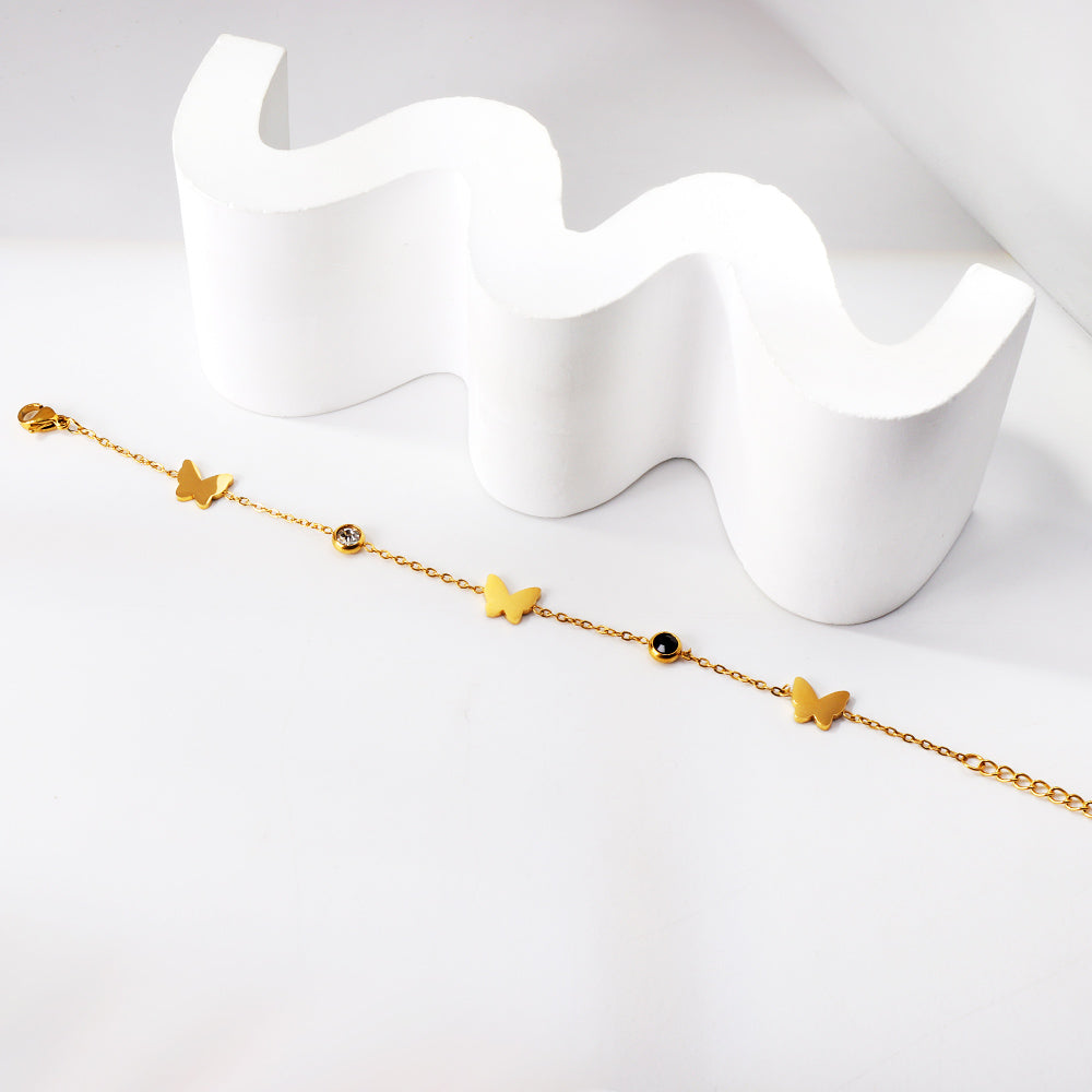 3 Butterfly + 2 Mixed Color Diamonds Soft Bracelet 18+3cm Golden asonjewelry