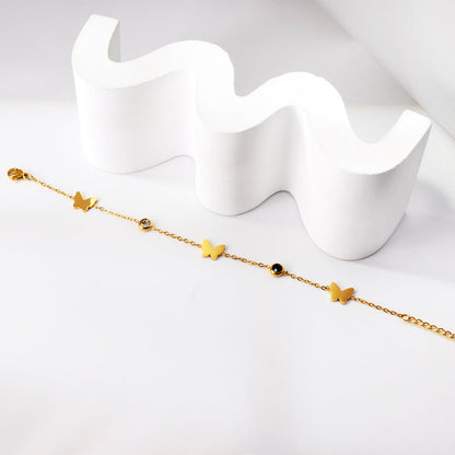 3 Butterfly + 2 Mixed Color Diamonds Soft Bracelet 18+3cm Golden asonjewelry