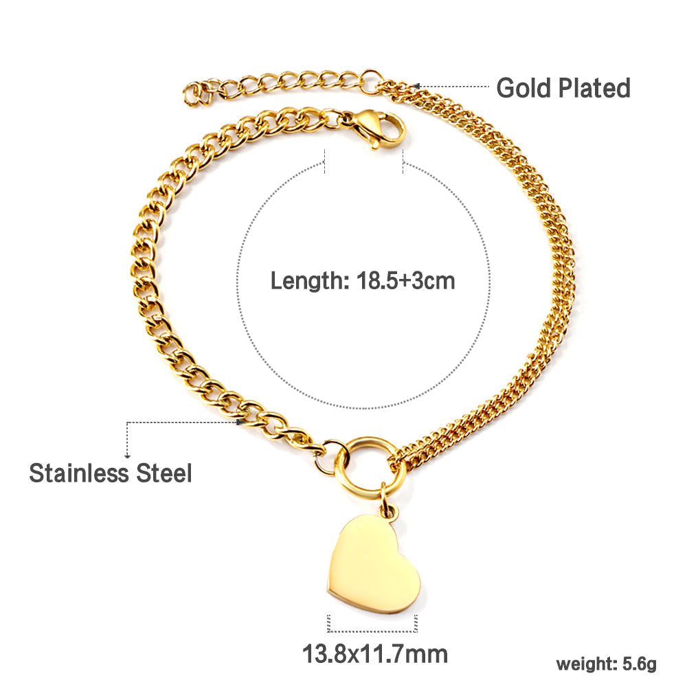Heart Shape Matching Chain Soft Bracelet 18.5+3cm Gold Color asonjewelry