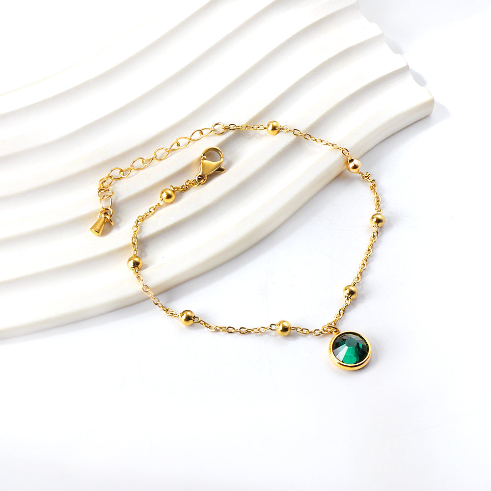 Spring round accessories with green diamonds + bead chain anklet 21+5cm asonjewelry