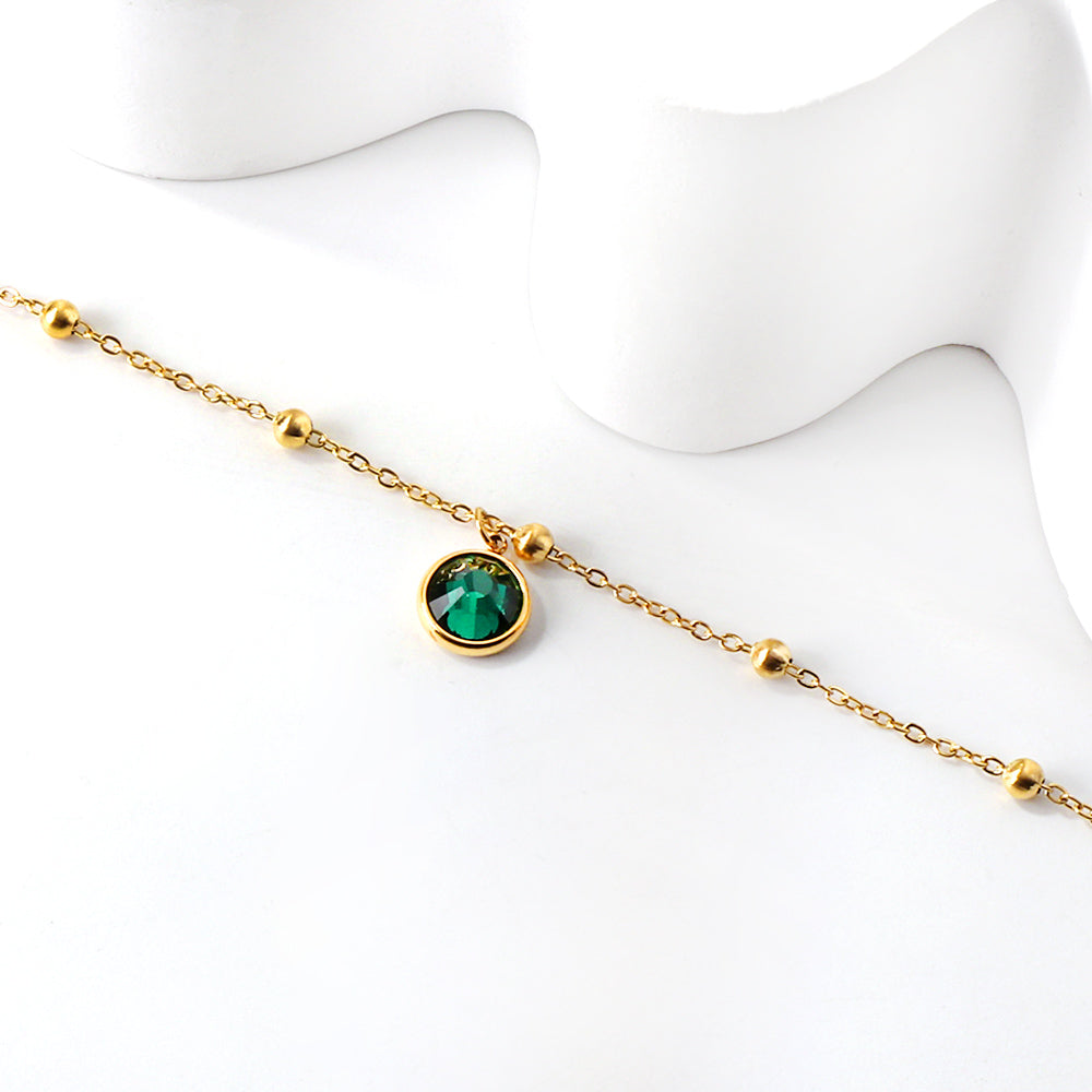 Spring round accessories with green diamonds + bead chain anklet 21+5cm asonjewelry
