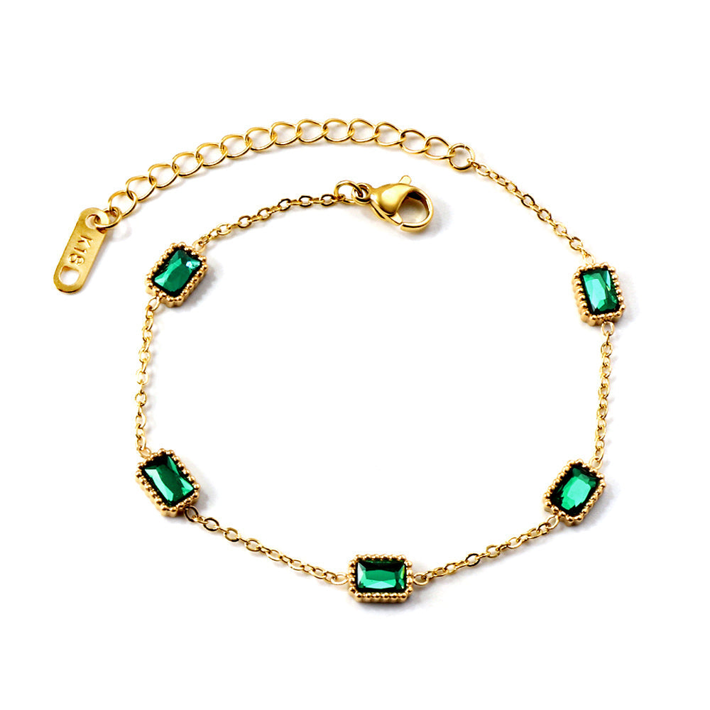 5 Rectangle Accessories with Green Diamonds Soft Bracelet 16+5cm Gold asonjewelry