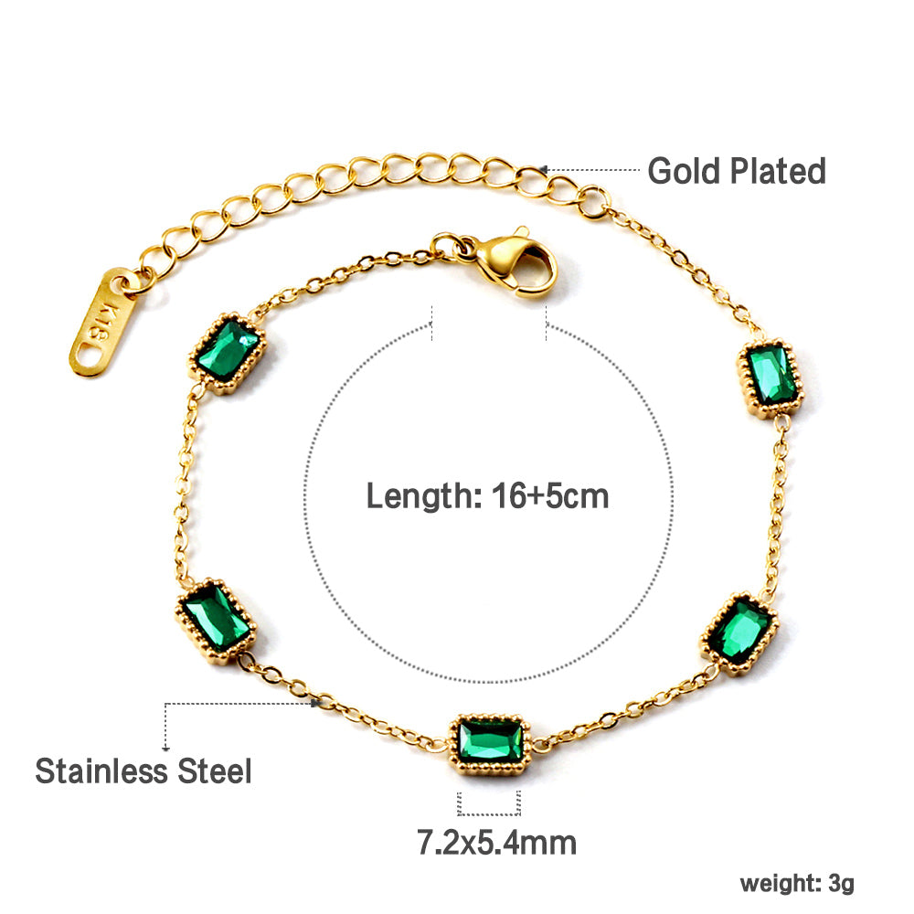 5 Rectangle Accessories with Green Diamonds Soft Bracelet 16+5cm Gold asonjewelry