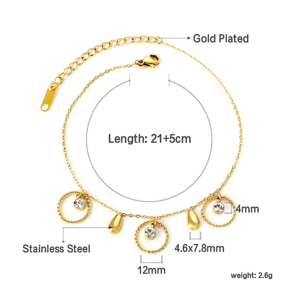 Spring 3 circles + 2 drops accessories with 3 white diamonds anklet 21+5cm asonjewelry