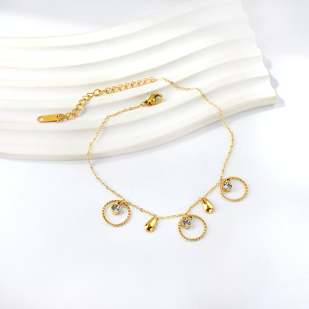 Spring 3 circles + 2 drops accessories with 3 white diamonds anklet 21+5cm asonjewelry