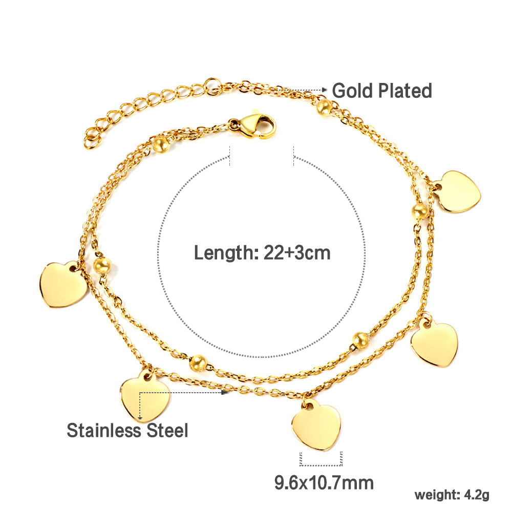 5 heart-shaped accessories + steel beads with chain double anklet 22 + 3cm asonjewelry
