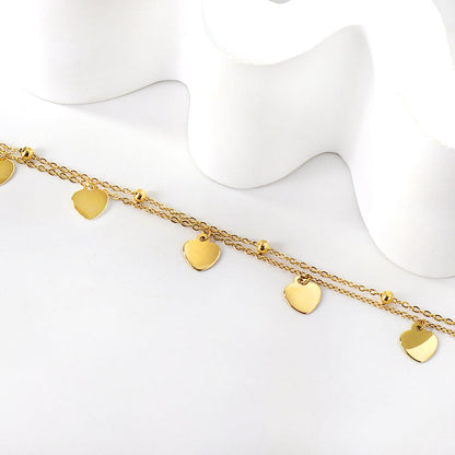 5 heart-shaped accessories + steel beads with chain double anklet 22 + 3cm asonjewelry