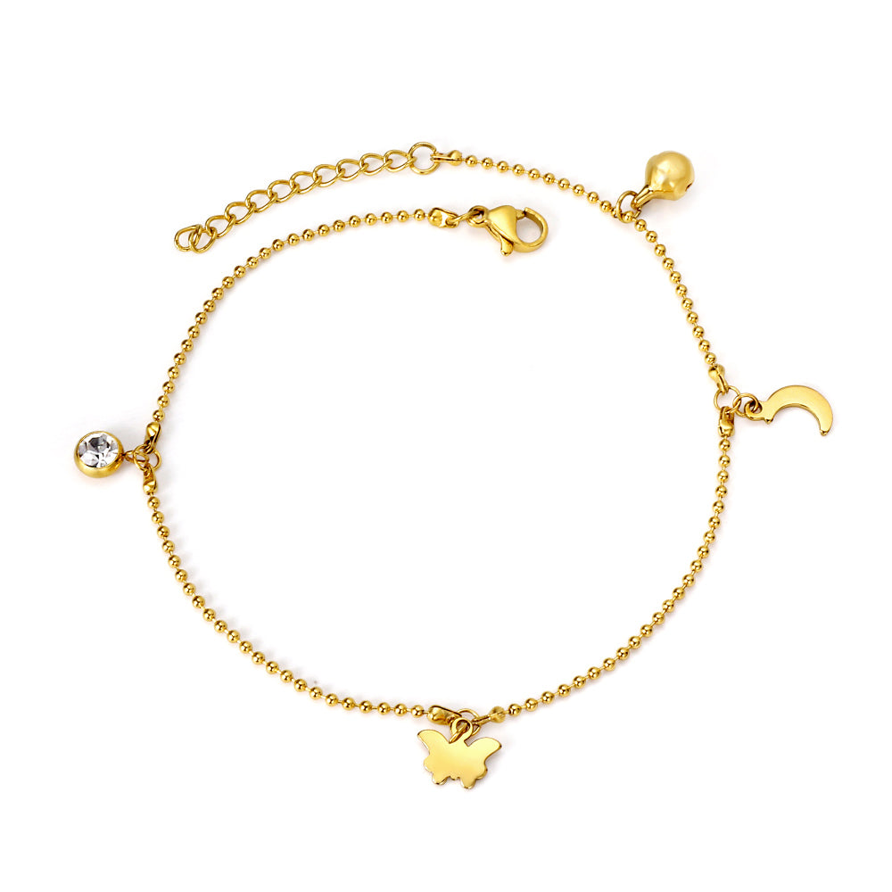 White diamonds + steel beads + moon + butterfly accessories pendant anklet 22 + 3cm gold asonjewelry