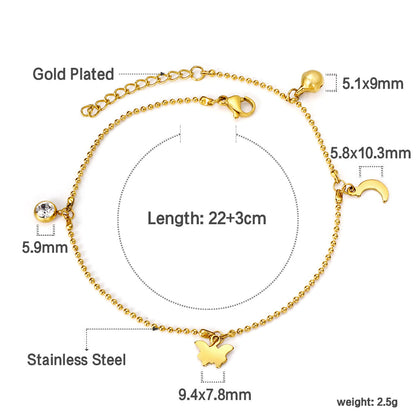 Spring White Diamonds + Steel Beads + Moon + Butterfly Accessories Charm Anklet 22+3cm asonjewelry