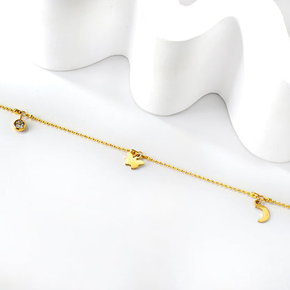 White diamonds + steel beads + moon + butterfly accessories pendant anklet 22 + 3cm gold asonjewelry