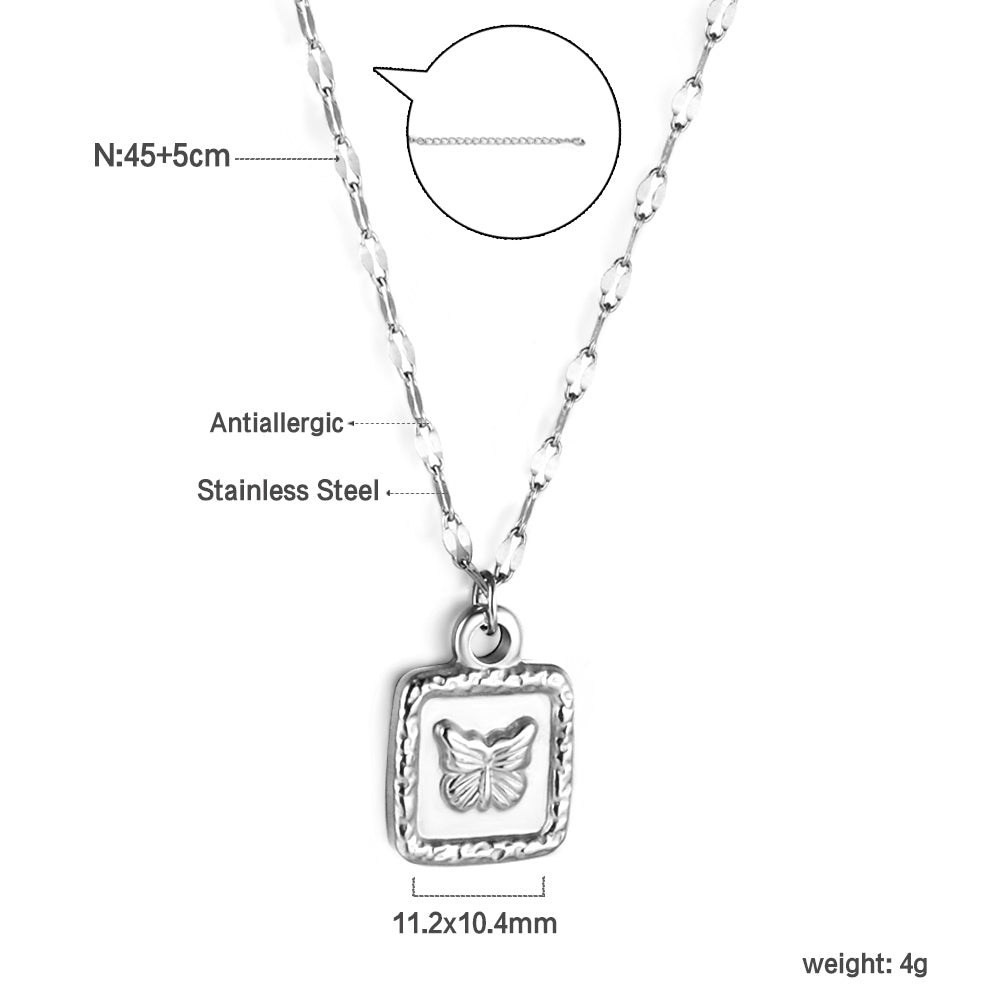 Square Pendant Necklace with Butterfly Pattern 45+5cm asonjewelry