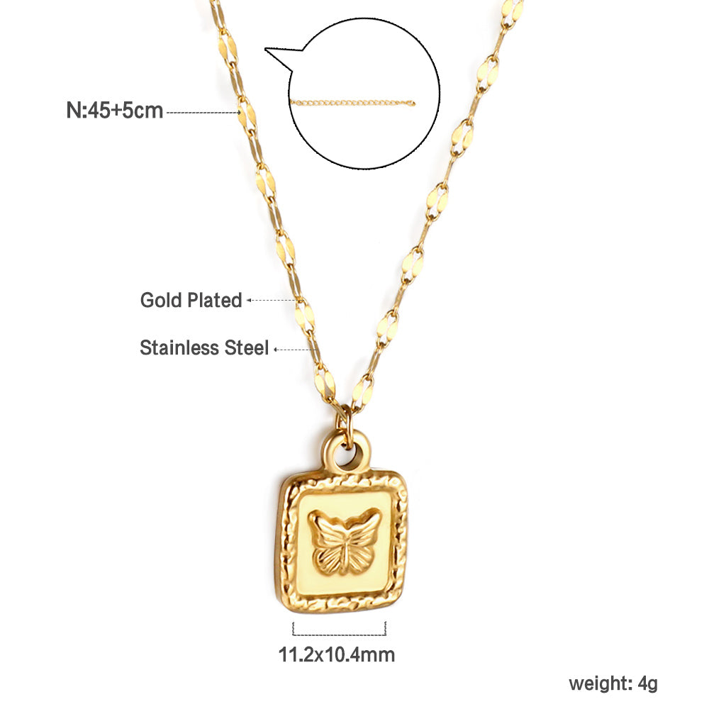 Golden Square Pendant Necklace with Butterfly Pattern 45+5cm asonjewelry