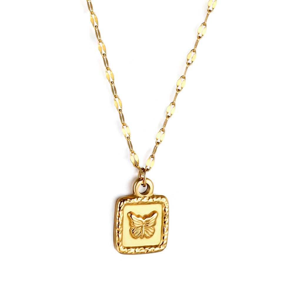 Golden Square Pendant Necklace with Butterfly Pattern 45+5cm asonjewelry