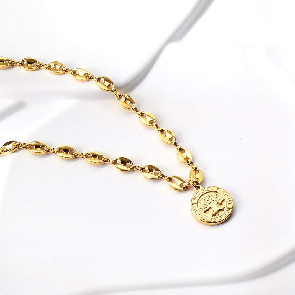 Golden Round Pendant Necklace with Big Tree Motif 45+5cm asonjewelry