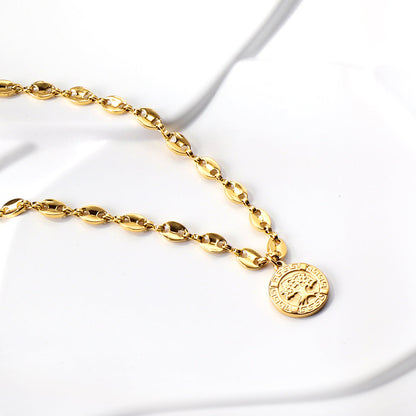 Golden Round Pendant Necklace with Big Tree Motif 45+5cm asonjewelry