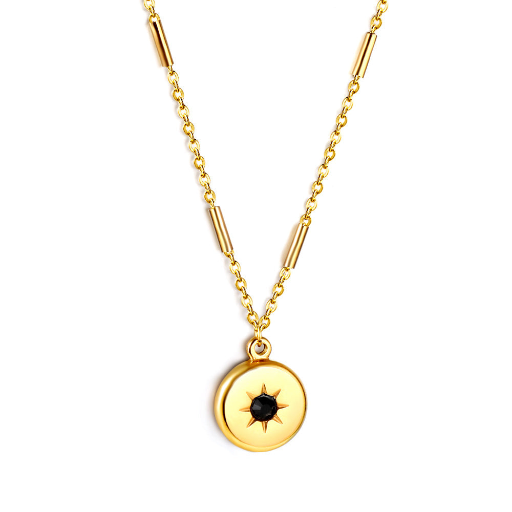 Gold coloured round pendant with black diamonds necklace 45+5cm asonjewelry