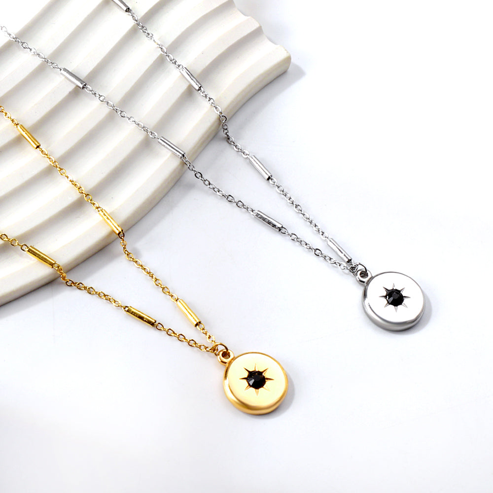 Gold coloured round pendant with black diamonds necklace 45+5cm asonjewelry