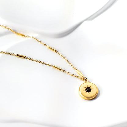 Gold coloured round pendant with black diamonds necklace 45+5cm asonjewelry