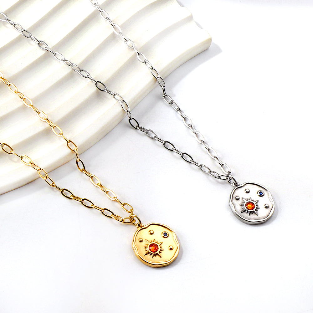 Irregular Round Pendant with Mixed Diamonds Necklace 45+5cm asonjewelry