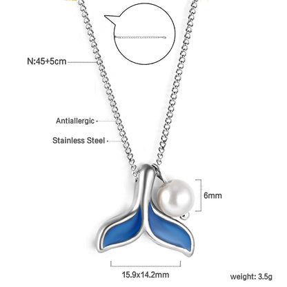 Blue fishtail pendant with white pearl necklace 45+5cm asonjewelry