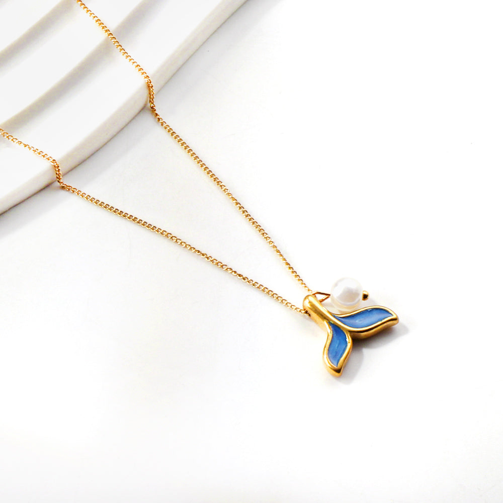 Blue fishtail pendant with white pearl necklace 45+5cm asonjewelry