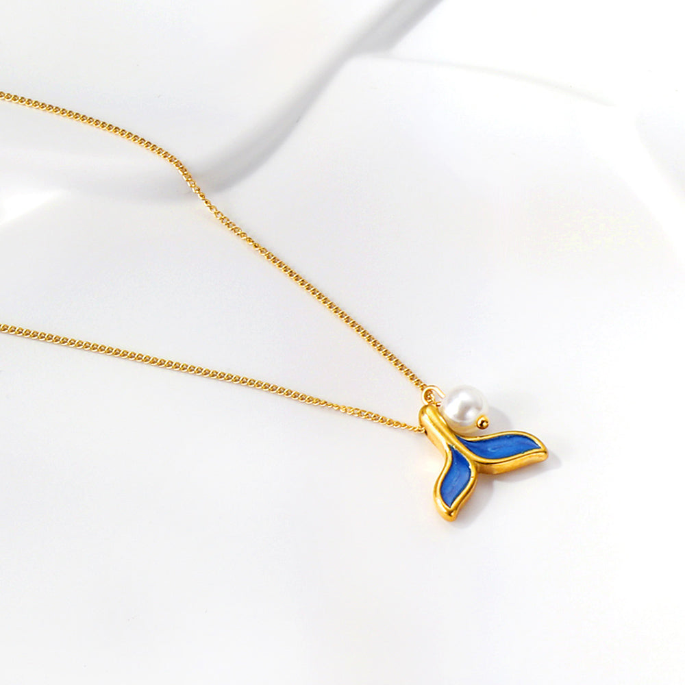 Blue fishtail pendant with white pearl necklace 45+5cm asonjewelry