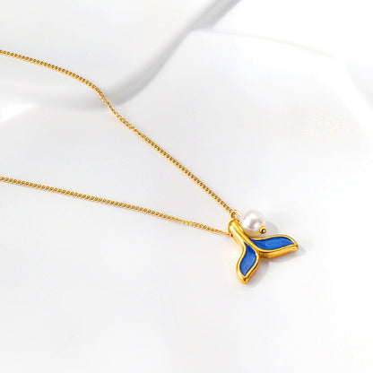 Blue fishtail pendant with white pearl necklace 45+5cm asonjewelry