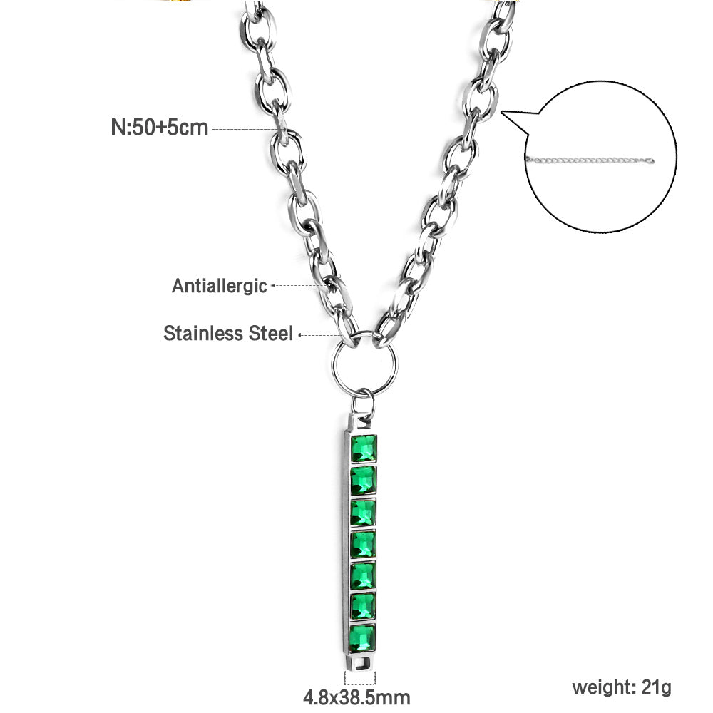 Rectangular Pendant with 7 Green Diamonds Necklace 50+5cm asonjewelry