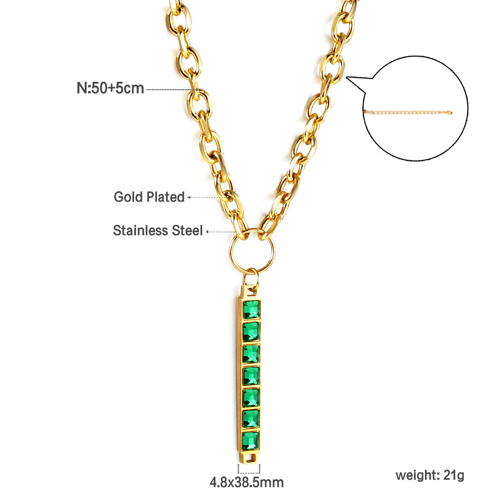 Rectangular Pendant with 7 Green Diamonds Necklace 50+5cm asonjewelry