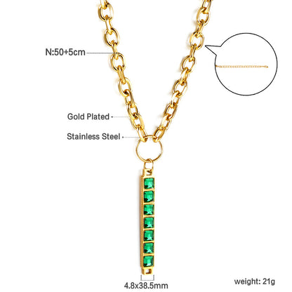 Rectangular Pendant with 7 Green Diamonds Necklace 50+5cm asonjewelry