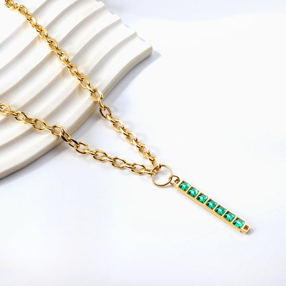 Rectangular Pendant with 7 Green Diamonds Necklace 50+5cm asonjewelry