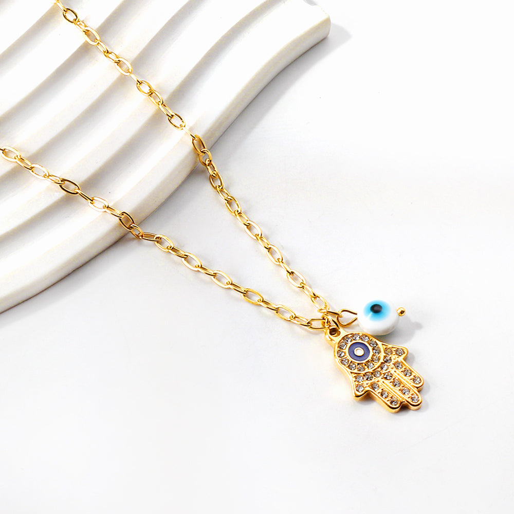 Palm Pendant with White Diamonds + Blue Cat Eye Necklace 45+5cm asonjewelry