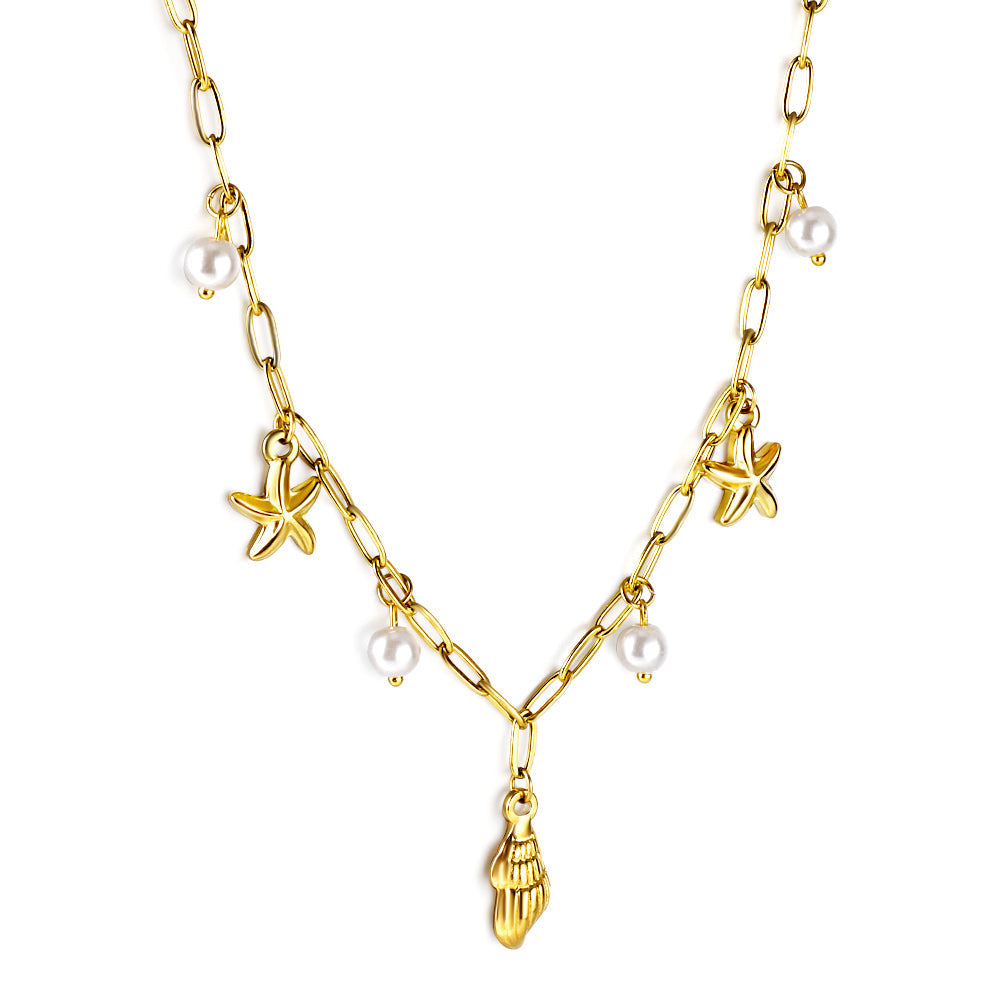 Shell + 2 starfish with 4 white pearls pendant necklace 45+5cm asonjewelry