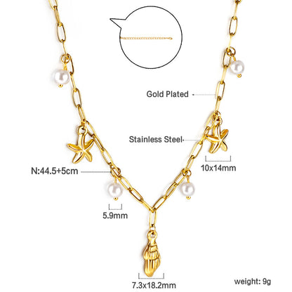 Shell + 2 starfish with 4 white pearls pendant necklace 45+5cm asonjewelry