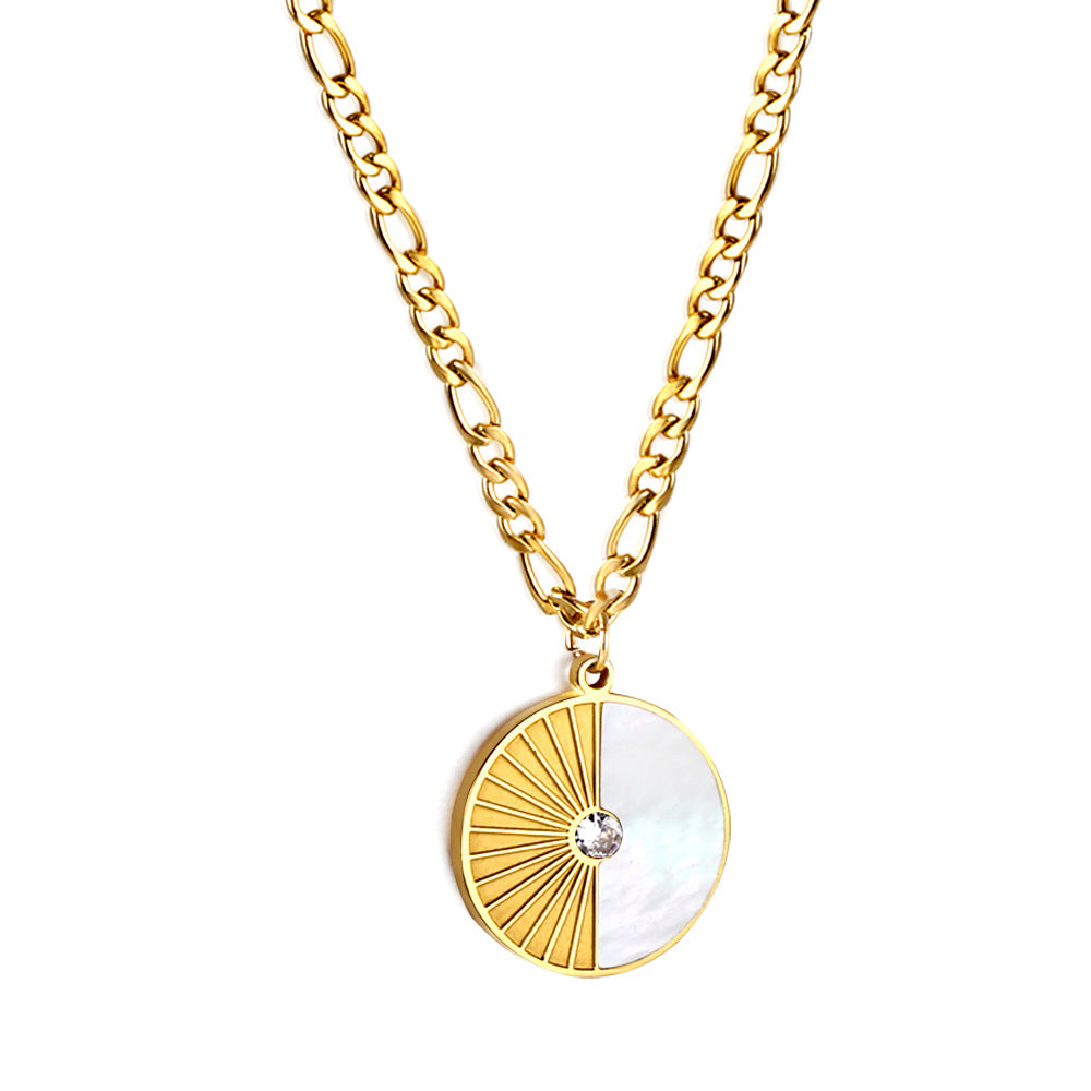 Round with Half Round White Shell with Diamond Pendant Necklace 50+5cm asonjewelry