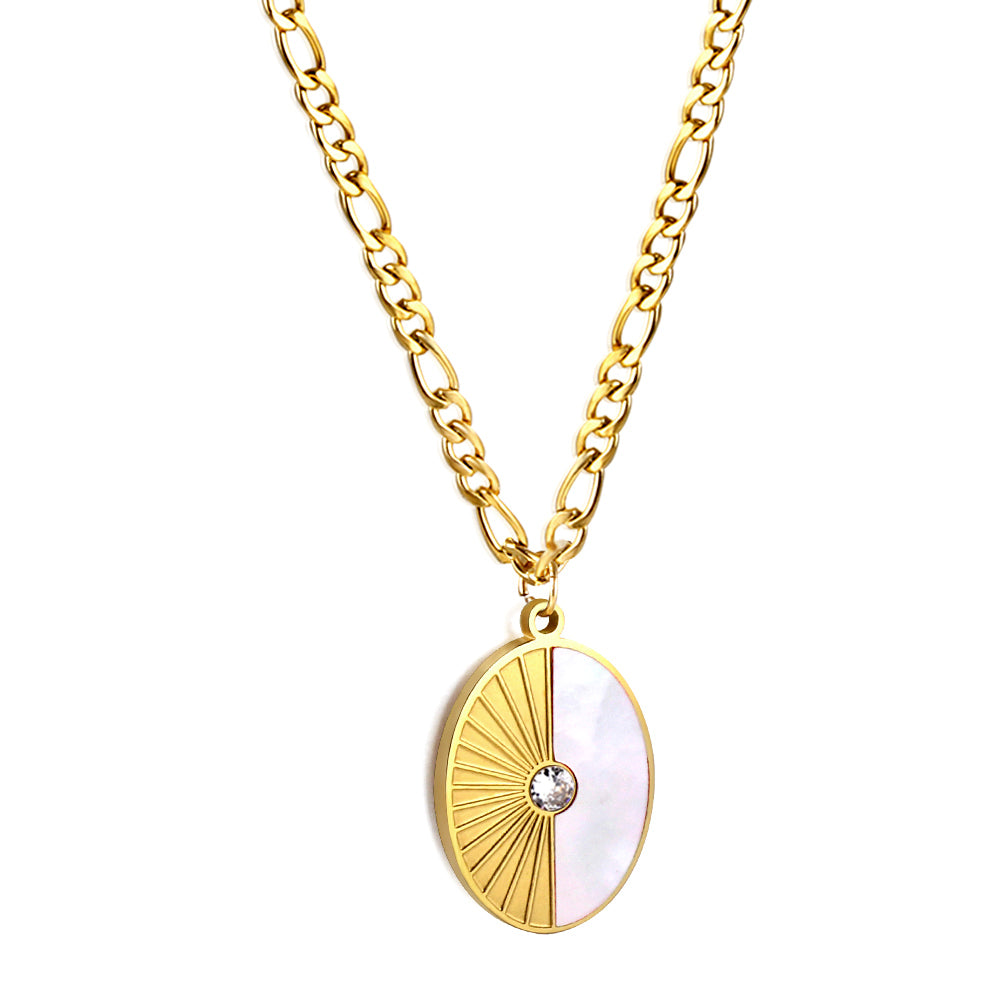 Oval with Half White Shell with Diamond Pendant Necklace 50+5cm asonjewelry