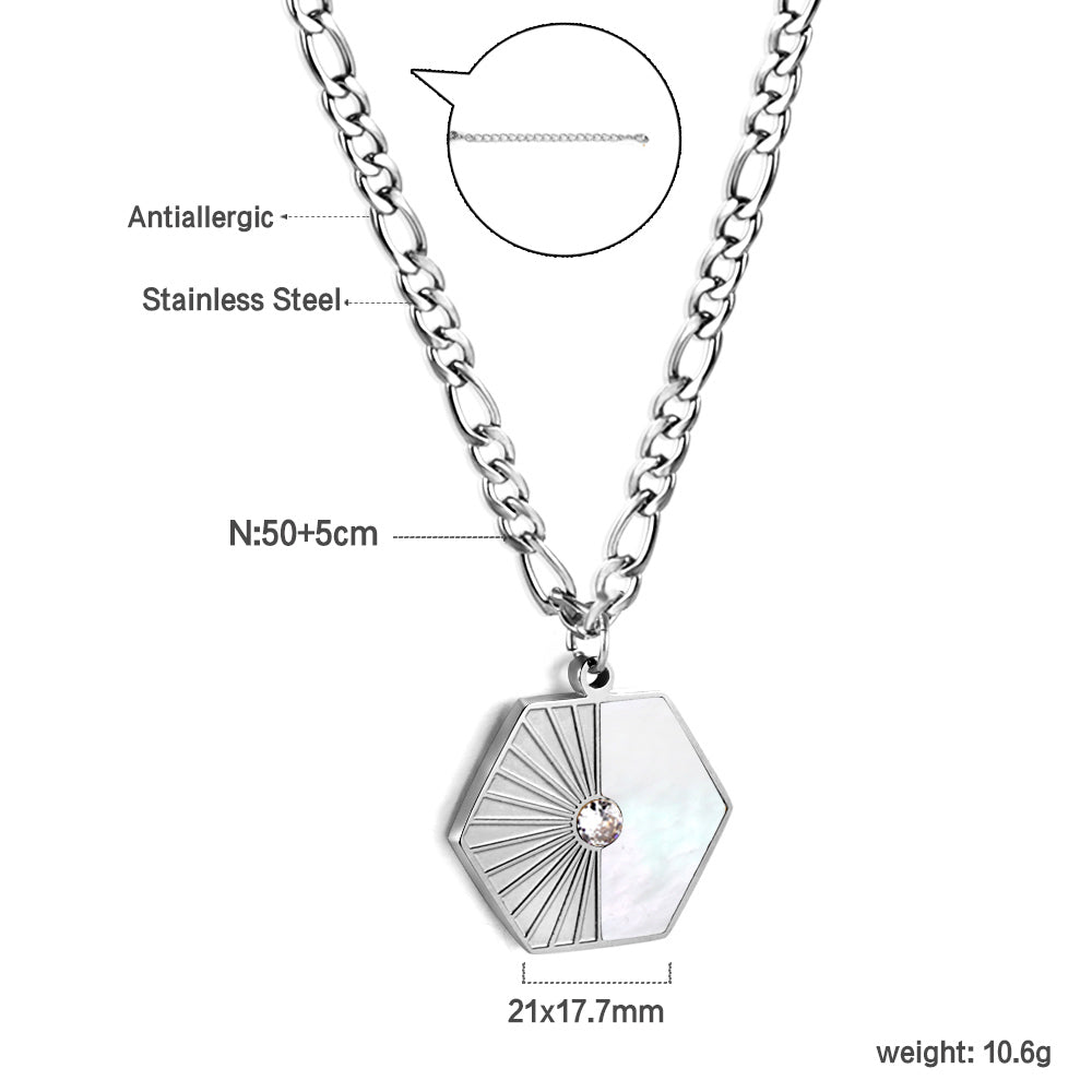 Hexagonal with half white shell with diamonds pendant necklace 50+5cm asonjewelry