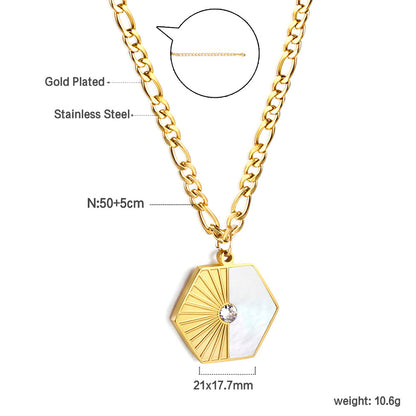 Hexagonal with half white shell with diamonds pendant necklace 50+5cm asonjewelry