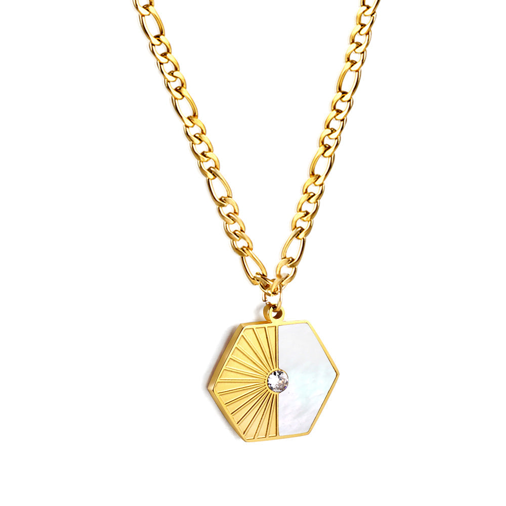 Hexagonal with half white shell with diamonds pendant necklace 50+5cm asonjewelry