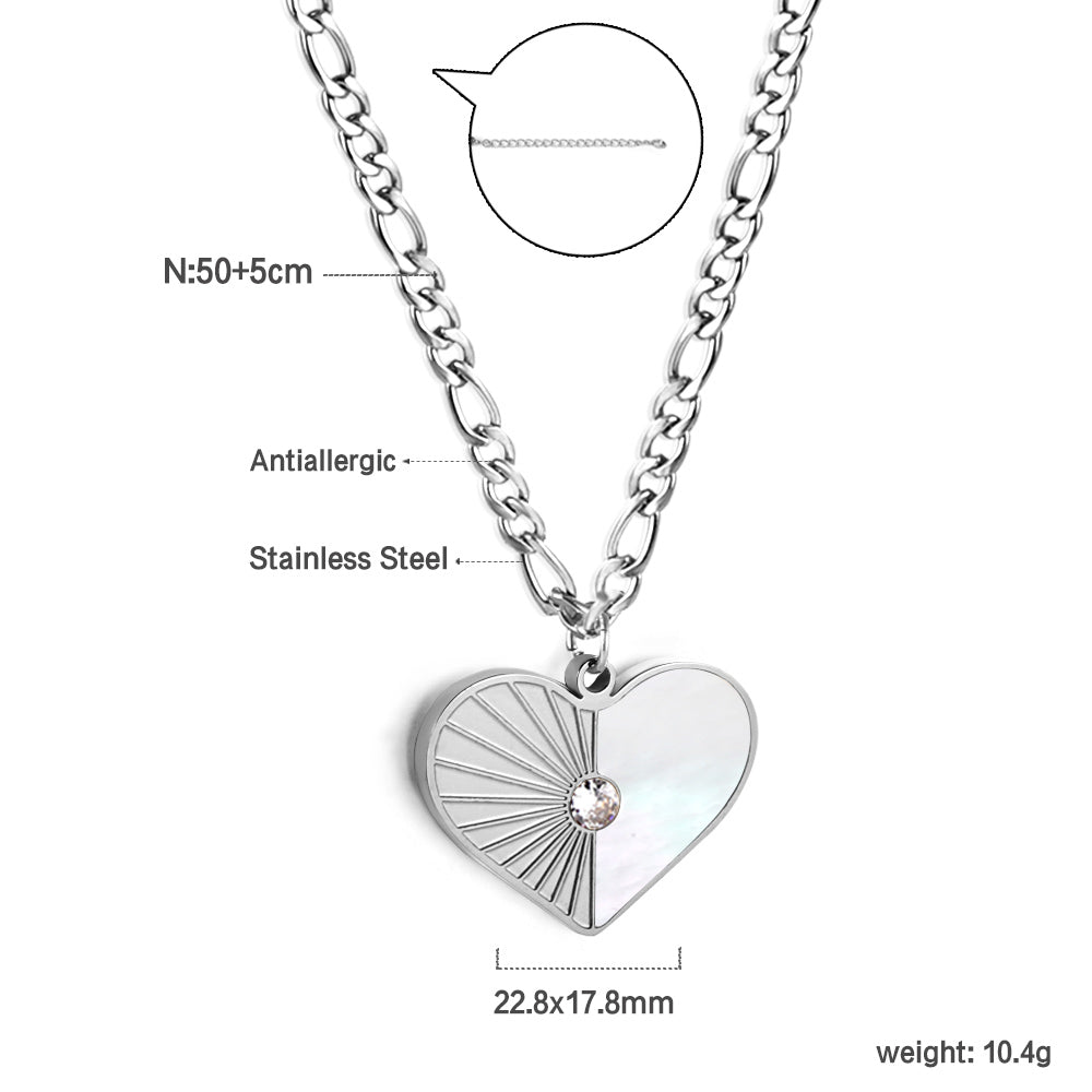 Heart with Half White Shell with Diamonds Pendant Necklace 50+5cm asonjewelry